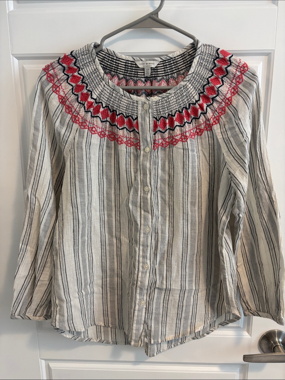 Lucky Brand Gray Striped Button-Front Top with Pink Embroidered Yoke
